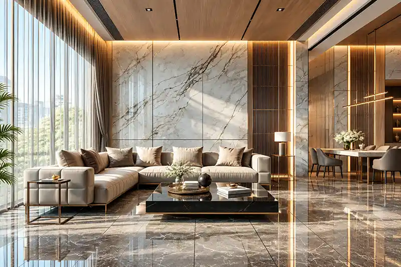 ZCO Industries Pvt Ltd - ZCO Homes Interior Designs - Living Room Interiors - Marble and Wood Modern Luxury Interiors