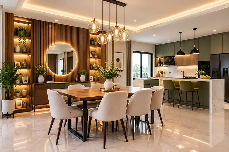 ZCO Industries Pvt Ltd - ZCO Homes - Luxurious Modern Interior 4BHK House Warm Modern Dining and Kitchen Interior