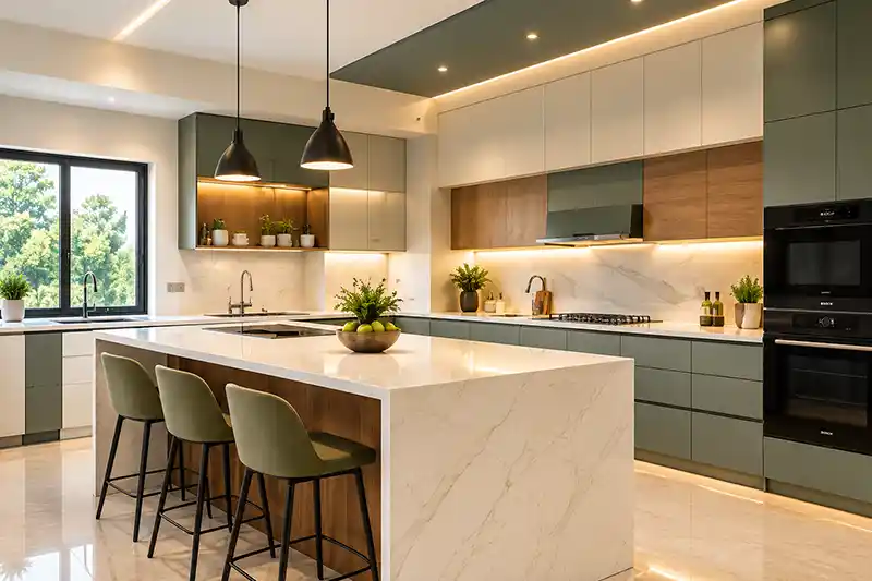ZCO Industries Pvt Ltd - ZCO Homes - Luxurious Modern Interior 4BHK House Warm Modern Sage-Green Kitchen