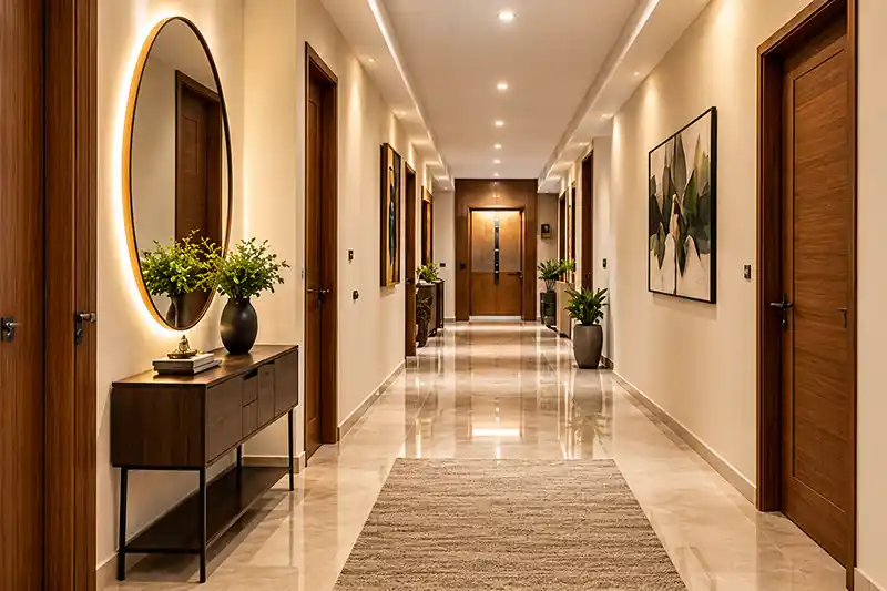 ZCO Industries Pvt Ltd - ZCO Homes - Luxurious Modern Interior 4BHK House Elegant Symmetrical Corridor with Warm Lighting