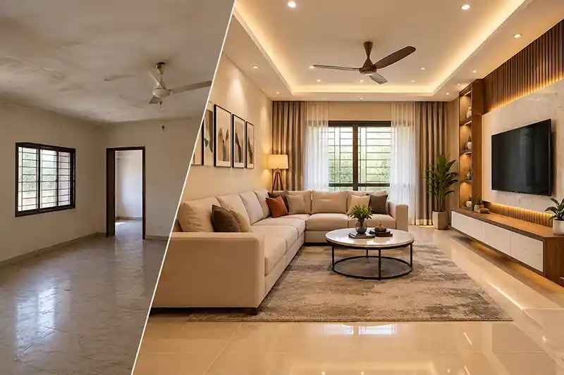ZCO Industries Pvt Ltd - ZCO Homes Interior Designs - Before and After_ Modern Living Room Makeover and Renovations