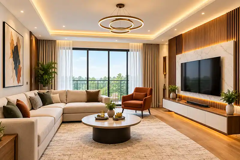 ZCO Industries Pvt Ltd - ZCO Homes - Luxurious Modern Interior 4BHK House Warm Modern Living Room with Garden Views