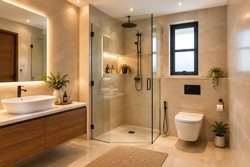 ZCO Industries Pvt Ltd - ZCO Homes - Luxurious Modern Interior 4BHK House Luxurious Warm-Toned Spa Bathroom
